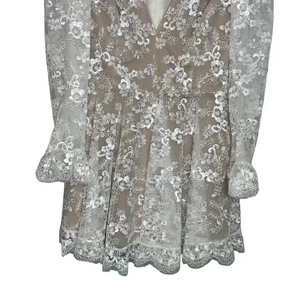 Helsi Dress Womens Medium White Lace Floral Fit Flare Long Sleeve Mini V Neck - Picture 6 of 14